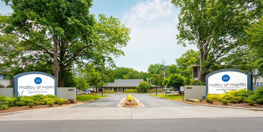 entrance signs at Malibu at Martin Apartments in Huntsville, Alabama