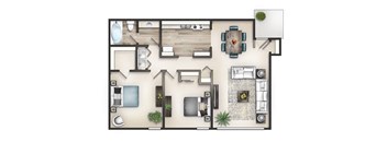 3D floor plan of a two-bedroom apartment with one bathroom at Malibu at Martin Apartments in Huntsville, AL