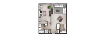 3D floor plan of a one-bedroom apartment with one bathroom at Malibu at Martin Apartments in Huntsville, AL