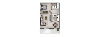 3D floor plan of a one-bedroom apartment with one bathroom at Malibu at Martin Apartments in Huntsville, AL