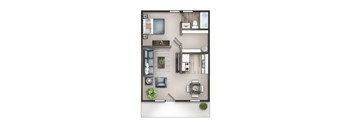 3D floor plan of a one-bedroom apartment with one bathroom at Malibu at Martin Apartments in Huntsville, AL