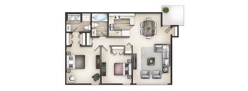 3D floor plan of a two-bedroom apartment with two bathrooms at Malibu at Martin Apartments in Huntsville, AL
