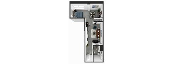 a floor plan of a small apartment with a desk and a couch