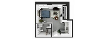 a floor plan of a studio apartment with a bedroom and a living room