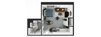 a rendering of the living room and dining room of our one bedroom apartment at university gardens
