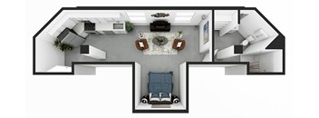 a spacious living room and dining area are located in the lower level of this two bedroom apartment