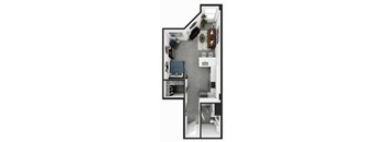a floor plan of a one bedroom apartment with a bathroom and a balcony