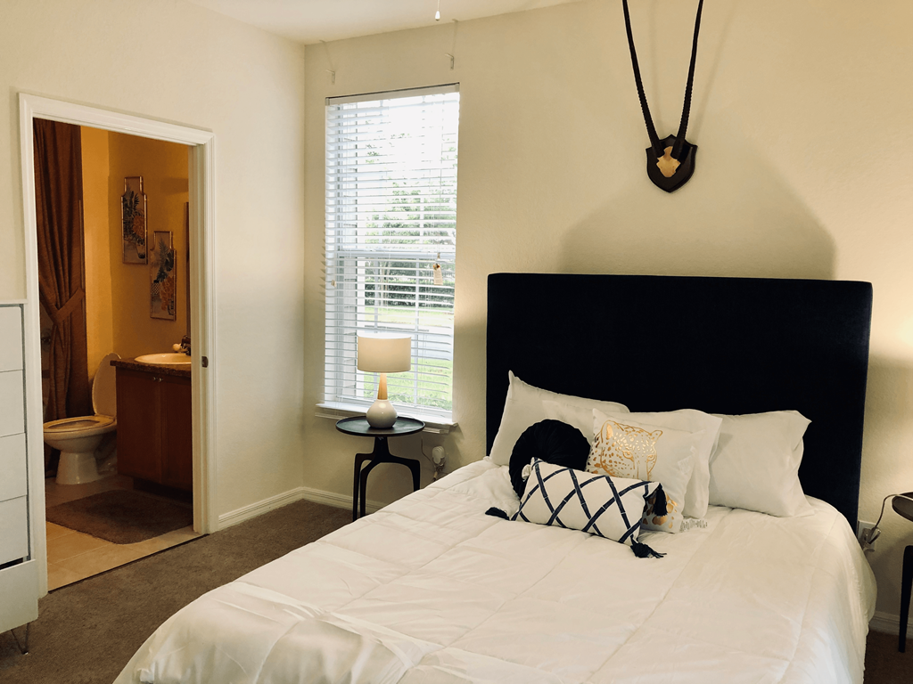 a bedroom with a black and white bed and a bathroom