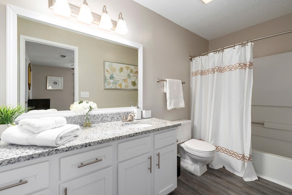 En-suite full-bath with granite counters, white cabinets and vanity lighting at Summerchase at Riverchase in Hoover, Alabama