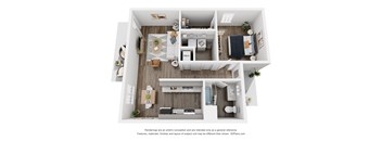 A 3D floor plan of a house with a kitchen, living room, and bathroom.