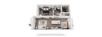 A 3D floor plan of a small apartment with a kitchen, living room, and bedroom.