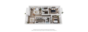 A 3D floor plan of a small apartment with a kitchen, living room, and bedroom.
