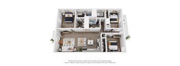 A 3D floor plan of a small apartment with two bedrooms, a living room, and a kitchen.
