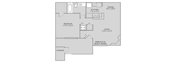 A floor plan of a home with a living room, dining room, kitchen, bedroom, and storage space.