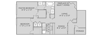 A floor plan of a home layout with a master bedroom, living room, dining room, kitchen, and storage.