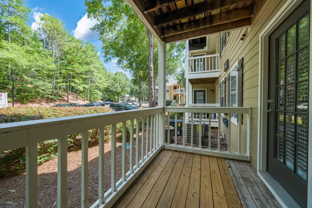 First level wood-floored patio at Summerchase at Riverchase in Hoover, Alabama.