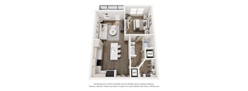 A 3D floor plan of The Atticus - 1-bed 1-bath apartment at The Portier Midtown in Mobile, AL