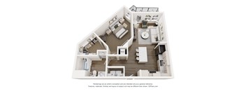 A 3D floor plan The Ashland - 1-bed 1-bath apartment with a large kitchen and island, private patio, walk-in closet and spacious layout