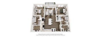 A 3D floor plan of a 2-bed 2-bath apartment with a large kitchen, open-concept layout, dual walk-in closets