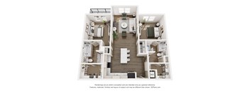 A 3D floor plan of The Beckett floor plan (2-bed 2-bath) apartment with a large kitchen and island, spacious layout, dual walk-in closets