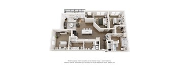 A 3D floor plan of The Carroway (3-bed 2-bath) with an open-concept layout large kitchen and island and walk-in closets
