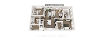 A 3D floor plan The De Tonti - 2-bed 2-bath with a spacious layout, large kitchen and island, dual walk-in closets