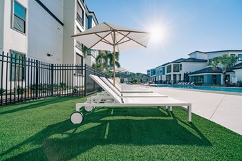 Pool and Sundeck The Pointe on Westshore outdoor community swimming pool with ample lounge chairs in Tampa, FL - Photo Gallery 5