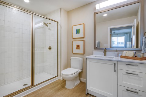 A bathroom with a toilet, sink, and shower.