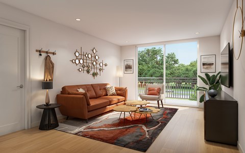 A living room with a brown couch and a rug.