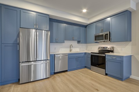 A kitchen with blue cabinets and stainless steel appliances.