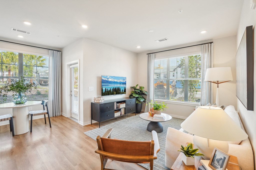 a living room with a couch and a table and a tv
