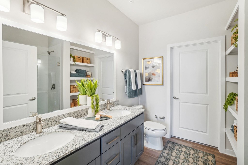 a bathroom with two sinks and a mirror and a toilet