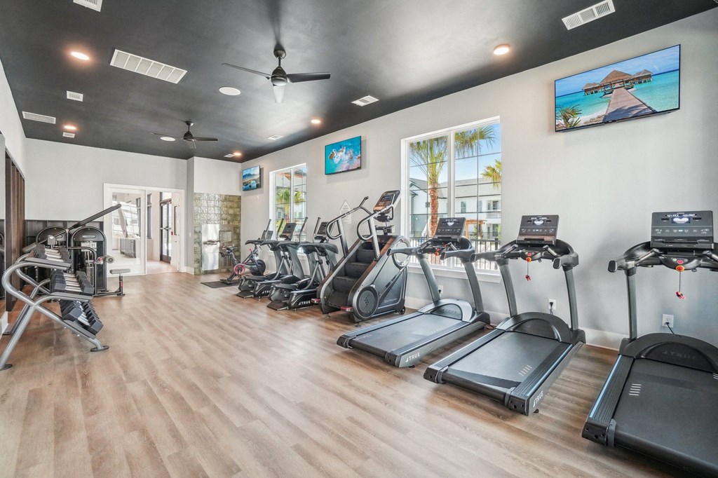 the gym is equipped with cardio equipment and treadmills