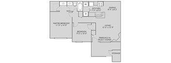 A floor plan of a home with a master bedroom, a living room, a dining room, a kitchen, a fireplace, and storage.