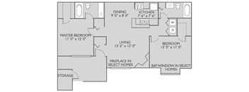 A floor plan of a home with a master bedroom, living room, dining room, kitchen, and two bedrooms.