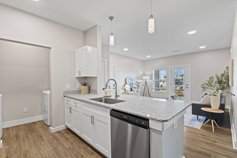 A modern kitchen with a stainless steel dishwasher and white cabinets.