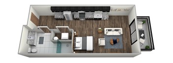 A top-down view of a living room with a couch, coffee table, and kitchen area.