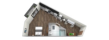 A 3D rendering of a modern house interior.