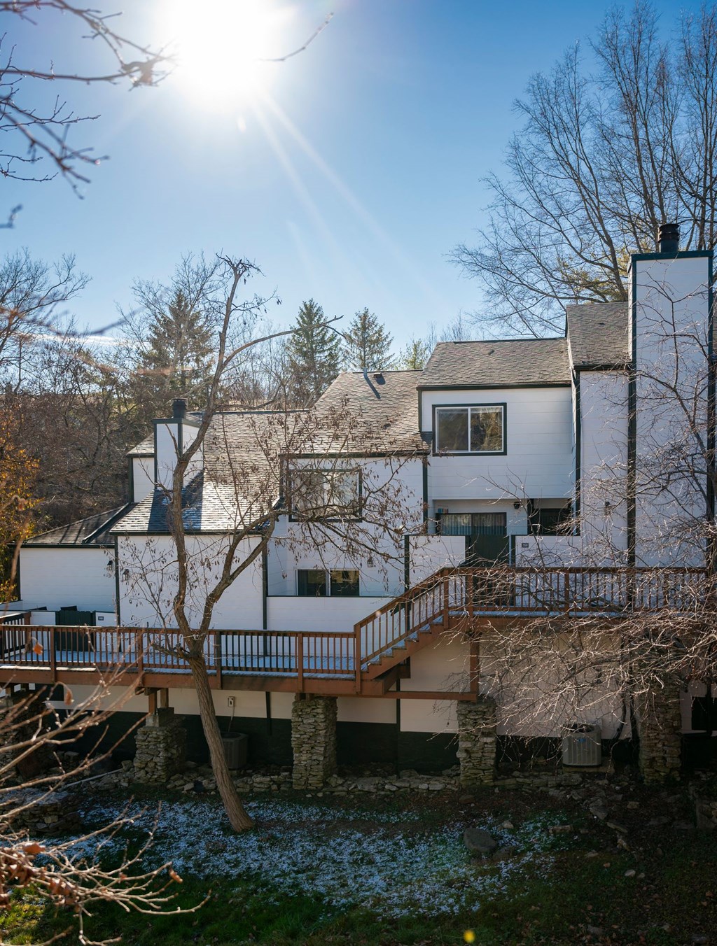 the back of the house with a deck and a tree