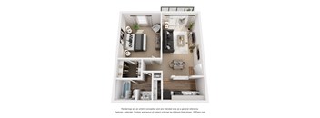 A 3D floor plan of a one bedroom apartment