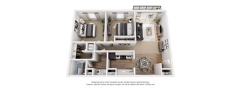 A 3D floor plan of an apartment with a kitchen, living room, and two bedrooms.