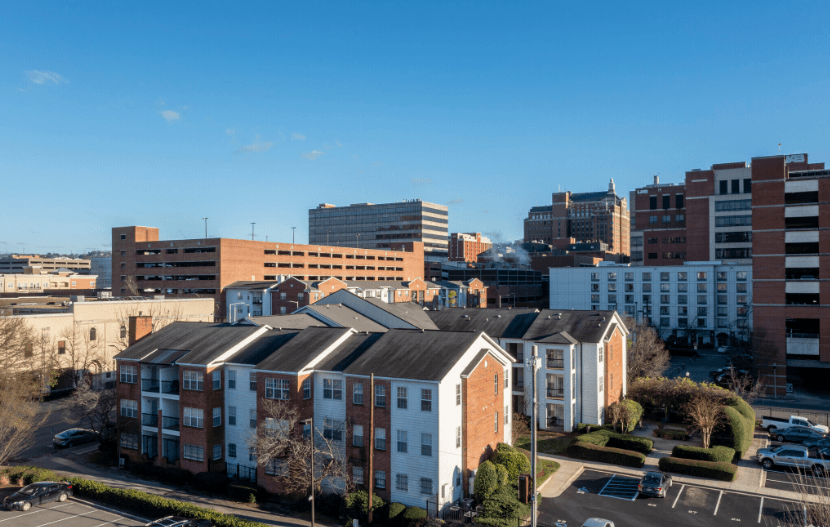 a view of the city from the roof of a building
