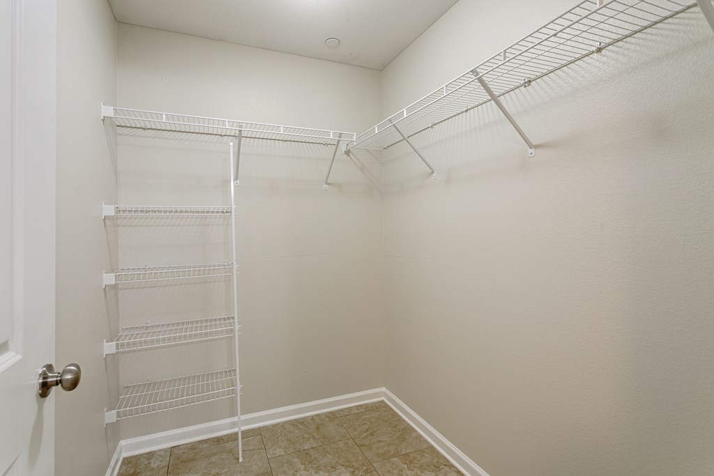 A walk-in closet with shelving and a door.