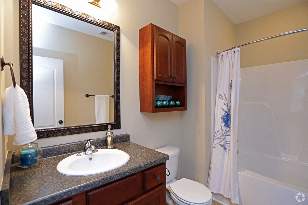 a bathroom with a sink toilet and shower and a mirror