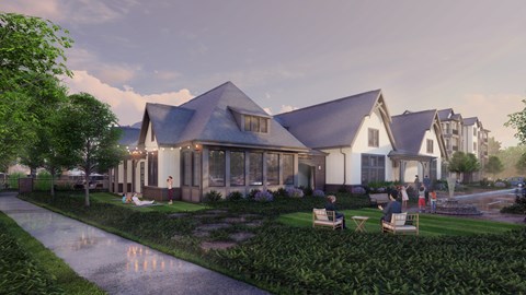 A modern house with a large front yard and a paved walkway.