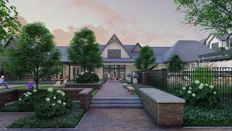 A modern house with a brick pathway leading to the front door.