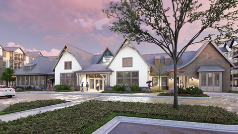 A modern house with a large front yard and a tree in the foreground.