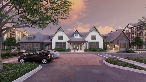 A black car is parked in front of a house with a driveway.