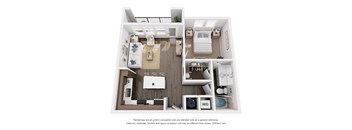 A 3D floor plan of a small apartment with a kitchen, living room, and bedroom.