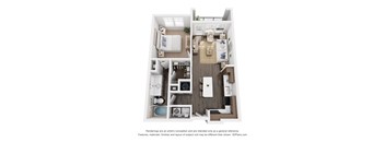 A 3D floor plan of a small apartment with a kitchen, living room, and bathroom.